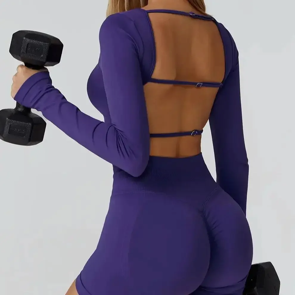 

Women's Yoga Top Seamless Sport T Shirts Fitness Clothes Long Sleeve Yoga Shirt Gym Sexy Backless Tops Running Quick Drying Top