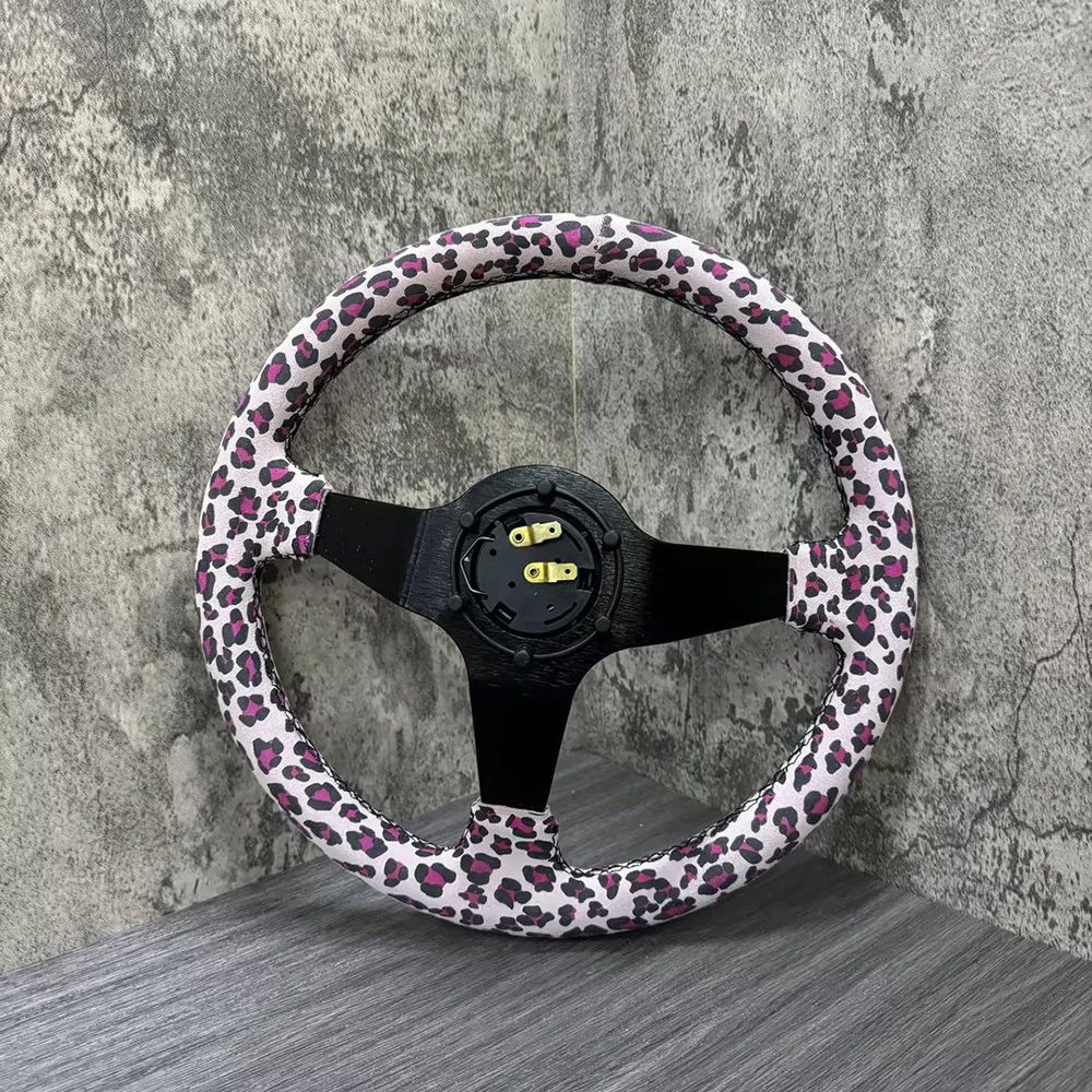 Hot Sale High Quality Pink Leopard Print Suede Leather Steering Wheel Fashion Popular Car Steering Wheel 350MM 14 Inch