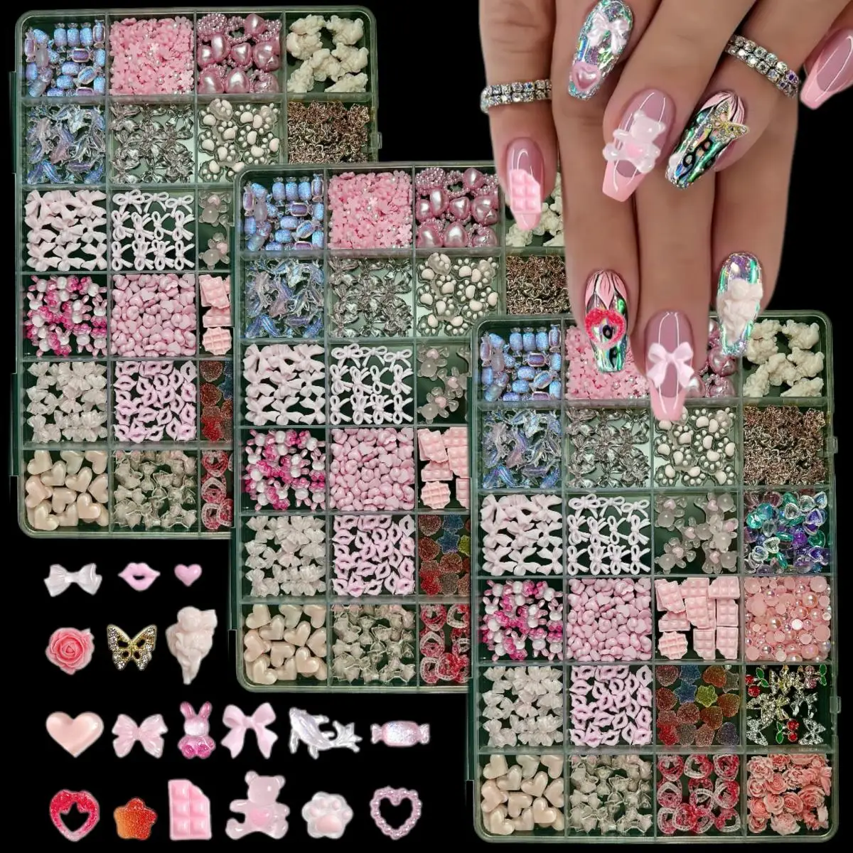 

1 Box 3D Resin Multi Style Bow Nail Art Decoration Accessories Sweet Pink Series Star Heart Flower Nail Charms DIY Crafts