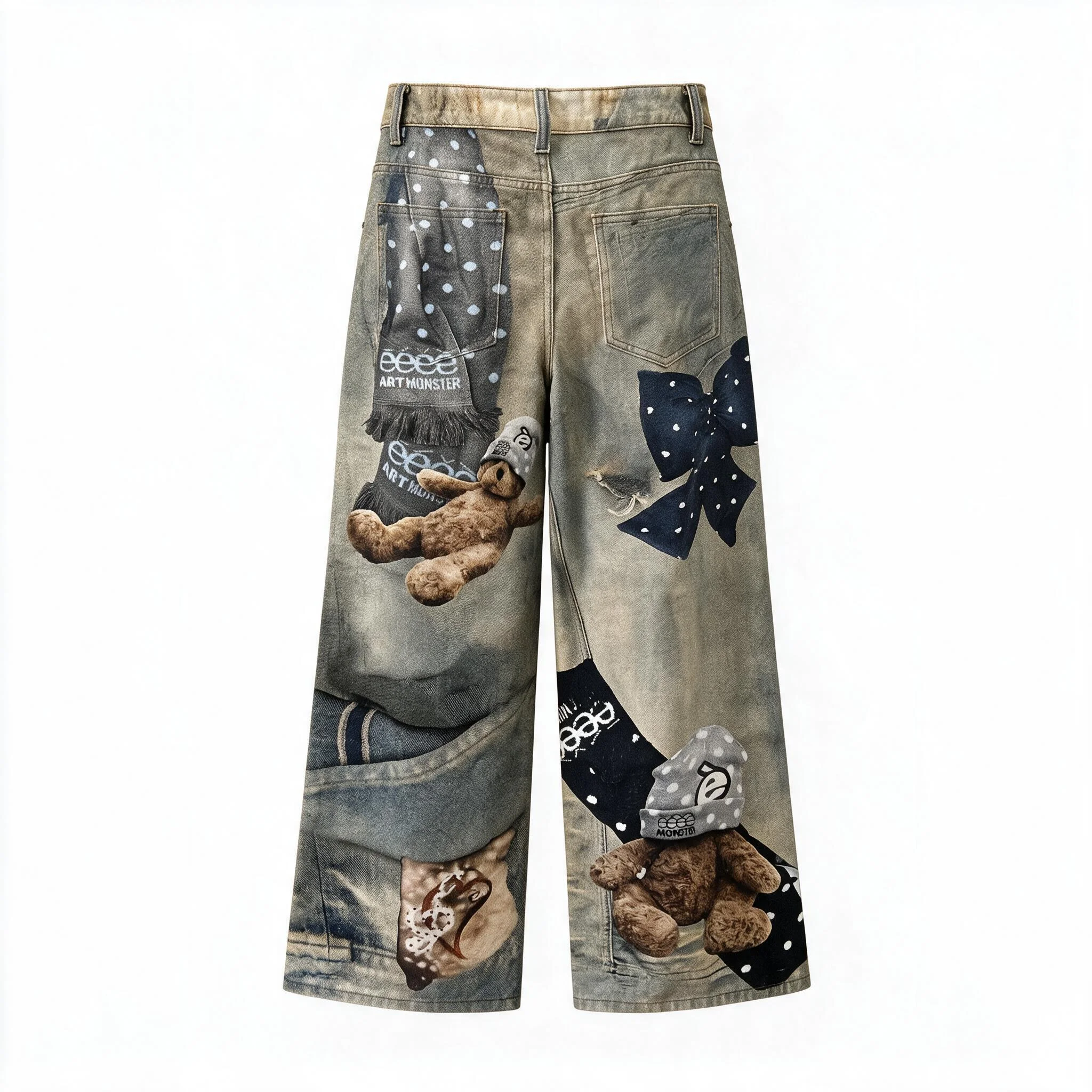 CHICATWILL Distressed Streetwear Straight Denim Jeans Women Vintage Vibe Cute 3D Bear Print Pants Stylish Woman's Jeans Trousers