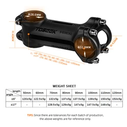 TOSEEK-Ultralight Aluminum Bike Handlebar Stem, MTB Stem, Power MTB, 31.8mm, 6 Degree, 17 Degree, 50mm-120mm,Lightweight