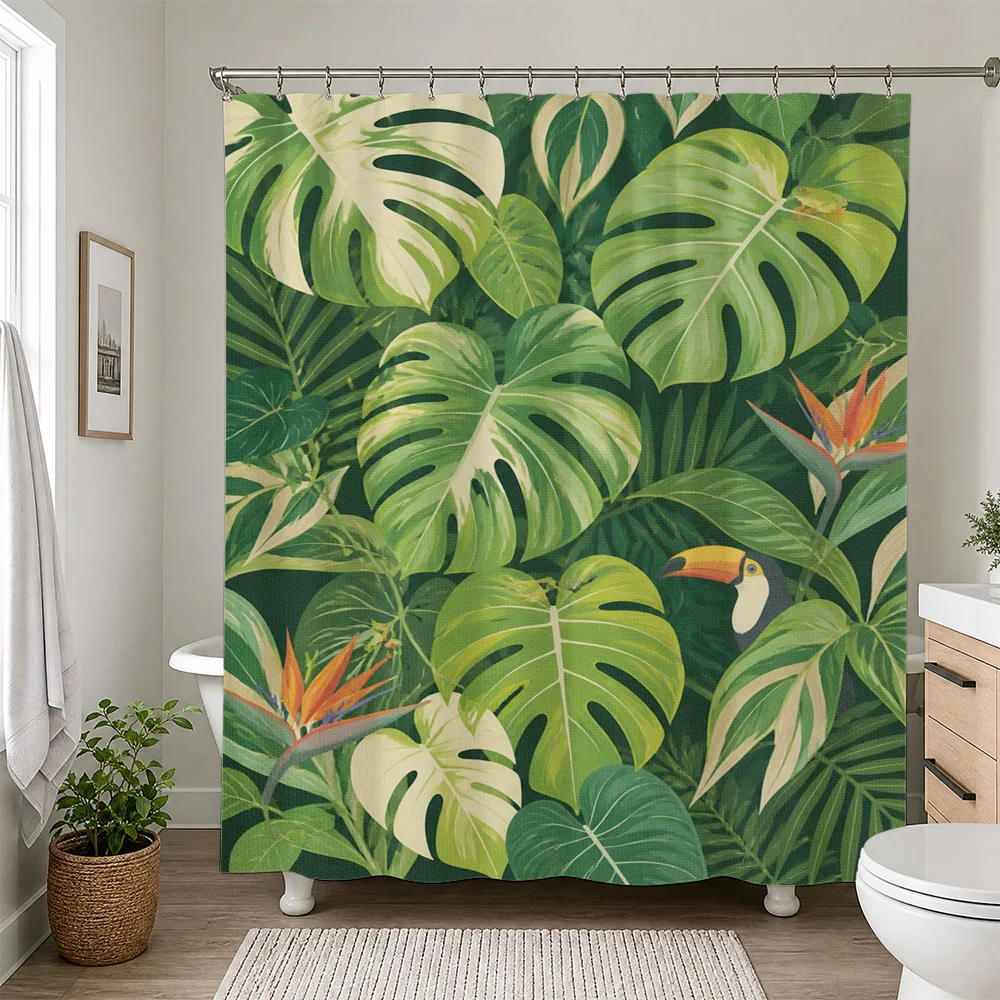 Tropical Jungle Leaves Shower Curtain Vibrant Green Botanical Rainforest Print Bathroom Decor