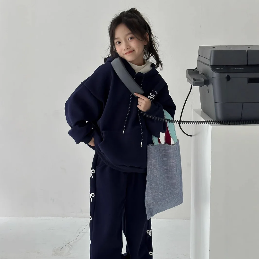 Girls Suit 2024 New Winter Childrens Wear Girls Baby Thick Printed Navy Blue Hooded David Dress Bow Sweatpants Two-piece Set