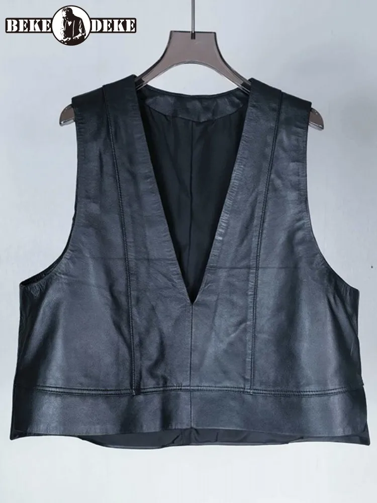 

Simple Female Fashion V-Neck Genuine Leather Short Vest Versatile Solid Color Sheepskin Handmade Loose Sleeveless Outerwear