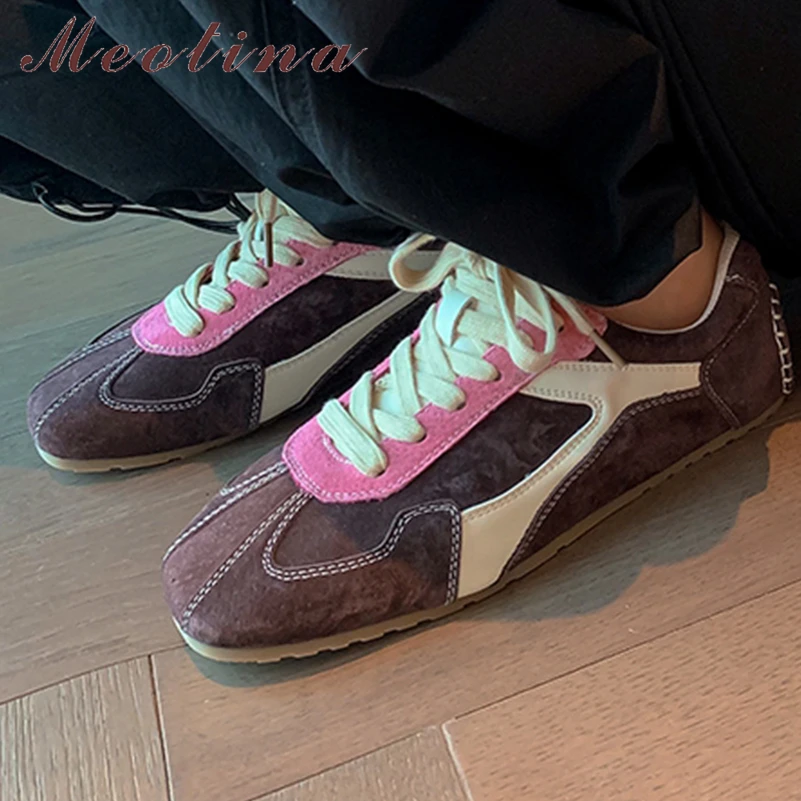 

Meotina/женские кроссовки из натуральной кожи с круглым носком на плоской подошве, разноцветные лаконичные женские модные туфли на шнуровке, весна-осень, хаки 40,