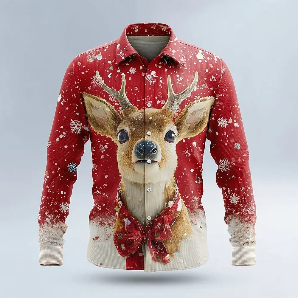 New Christmas Theme Men's Snowflake Christmas Animal Cute Pet Print Shirt Button Shirt Casual Long-sleeved Shirt Street Shirt