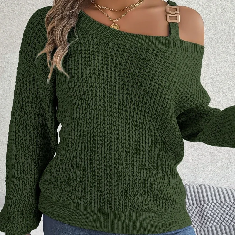 Casual Sexy Off Shoulder Sweater Women Autumn Winter Metal Buckle Splicing Slash Neck Knitted Pullovers Long Sleeves Jumpers 2