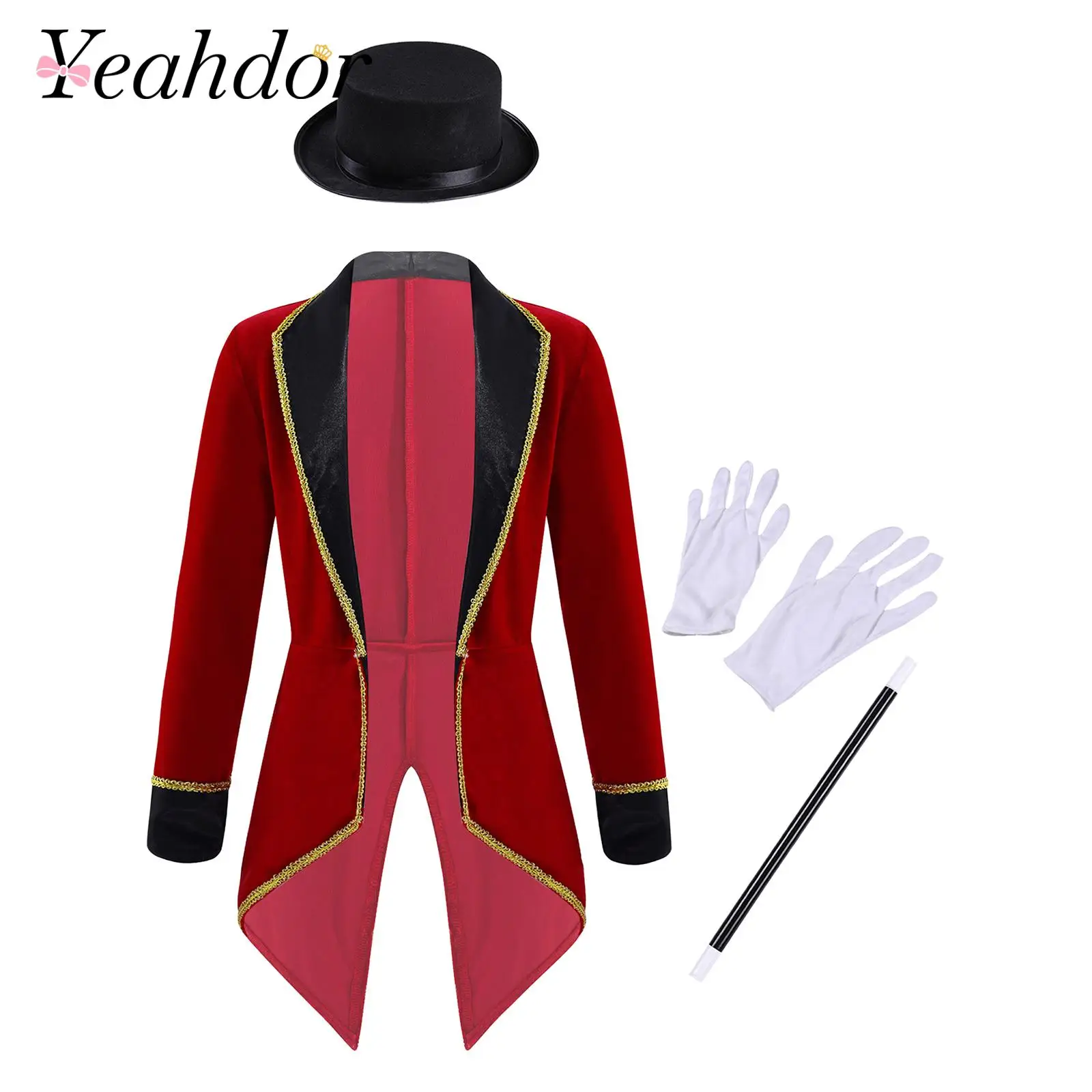 

Kids Boy Circus Ringmaster Costume Showman Magician Tailcoat + Hat Magic Wand Gloves Set Children Cosplay Performance Outfit