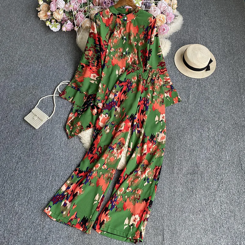 Fashion Loungewear Women Floral Trousers Pajamas Suit Boho Elegant Maxi Shirts Blouses Wide-Leg Pantsuit Female Party Two Pieces