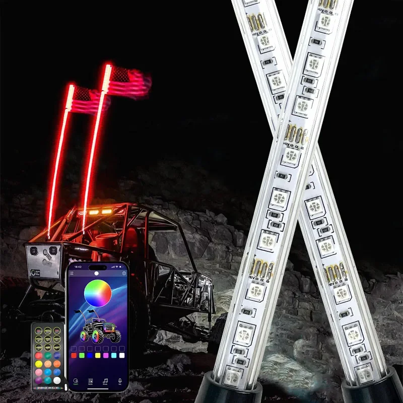 

2PCS 3FT/4FT/5FT Whip Lights for UTV ATV Led Whip Light W/Rocker Switch 2Flags Whip With APP Remote Control For RZR SXS Can-Am