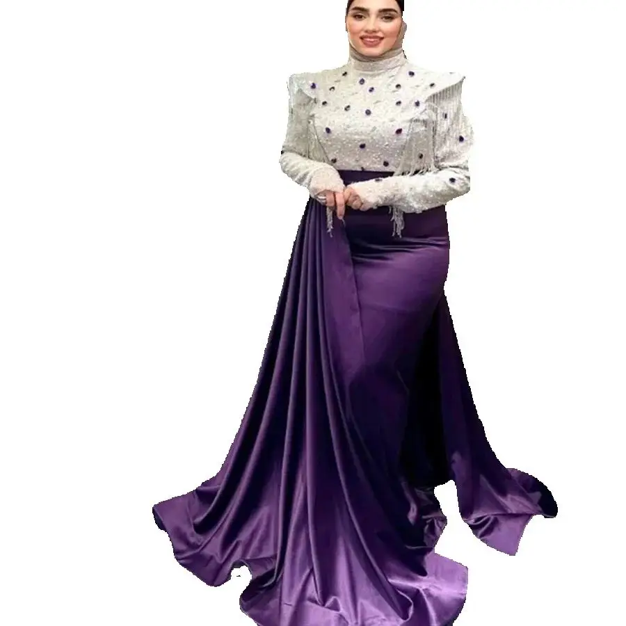 Kontrast Dubai Abendkleid mit Strass Plus Size Arabisch Muslim Abendkleid Quaste Meerjungfrau Formale Geburtstagsfeier Maßgeschneidert