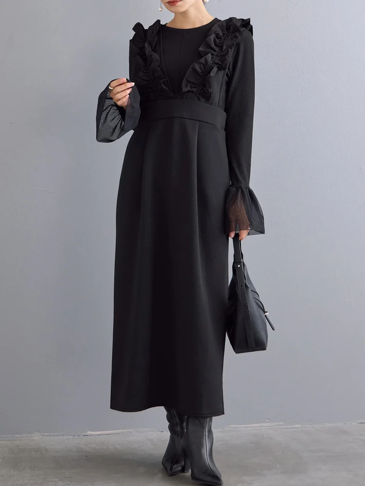 Faionable v-ne earlet renda guarnição colete saia longa outono inverno emagrecimento em camadas usar retro sle reunido cintura a linha saia