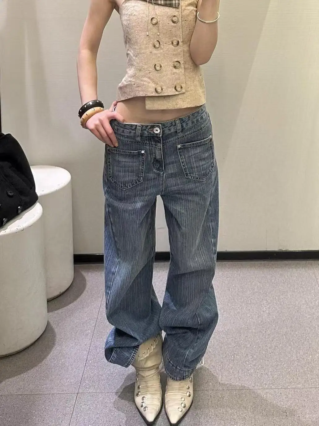 Women's Jean Designer Blue Baggy Denim Pants Y2K Japanese Harajuku Wide Fit American Retro Punk Streetwear Long Trousers Striped