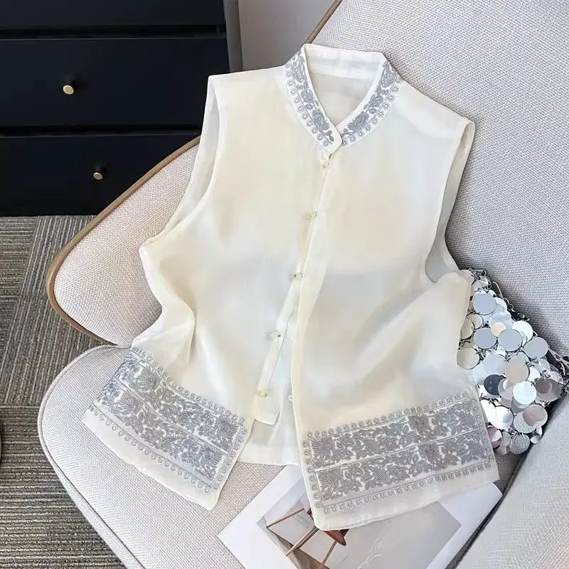 

Шифоновый жилет с цветочной вышивкой, женские топы без рукавов в китайском винтажном стиле в стиле ретро, большие размеры