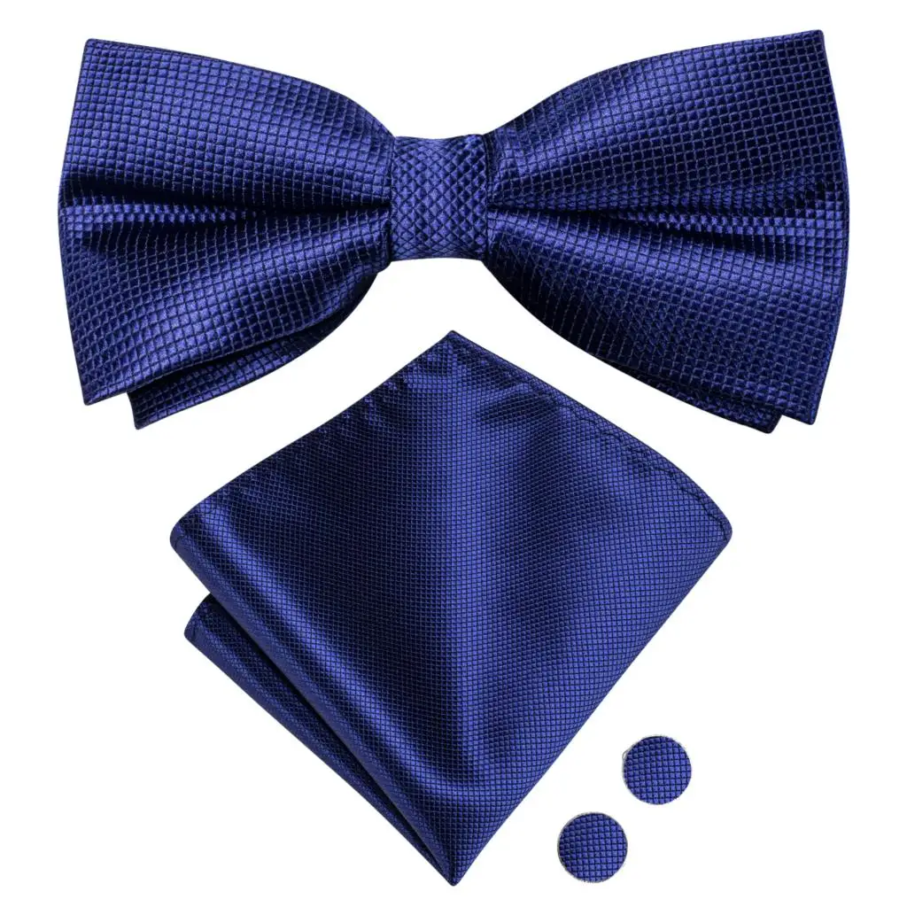 Navy Royal Sky Blue Silk Mens Bow Tie Hankerchief Cufflinks Set Pre-tied Butterfly Knot Bowtie for Male Wedding Business Office