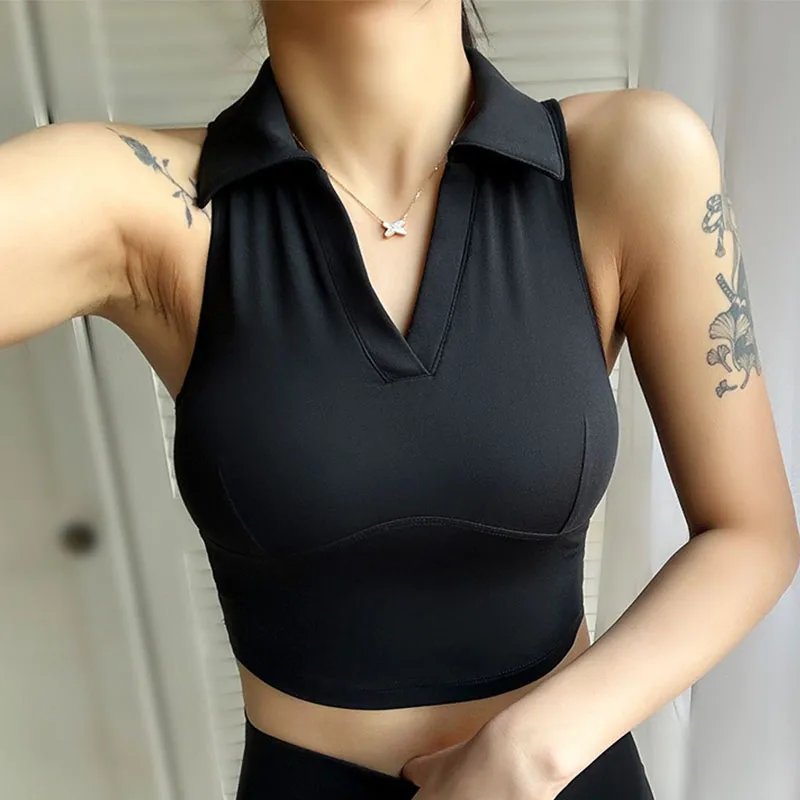 PofyBofy Racerback Built in Bra Turn-Down Collar V Neck Fashion Vest Elastic Sleeveless Yoga Fitness Women Tank Top Sportwear