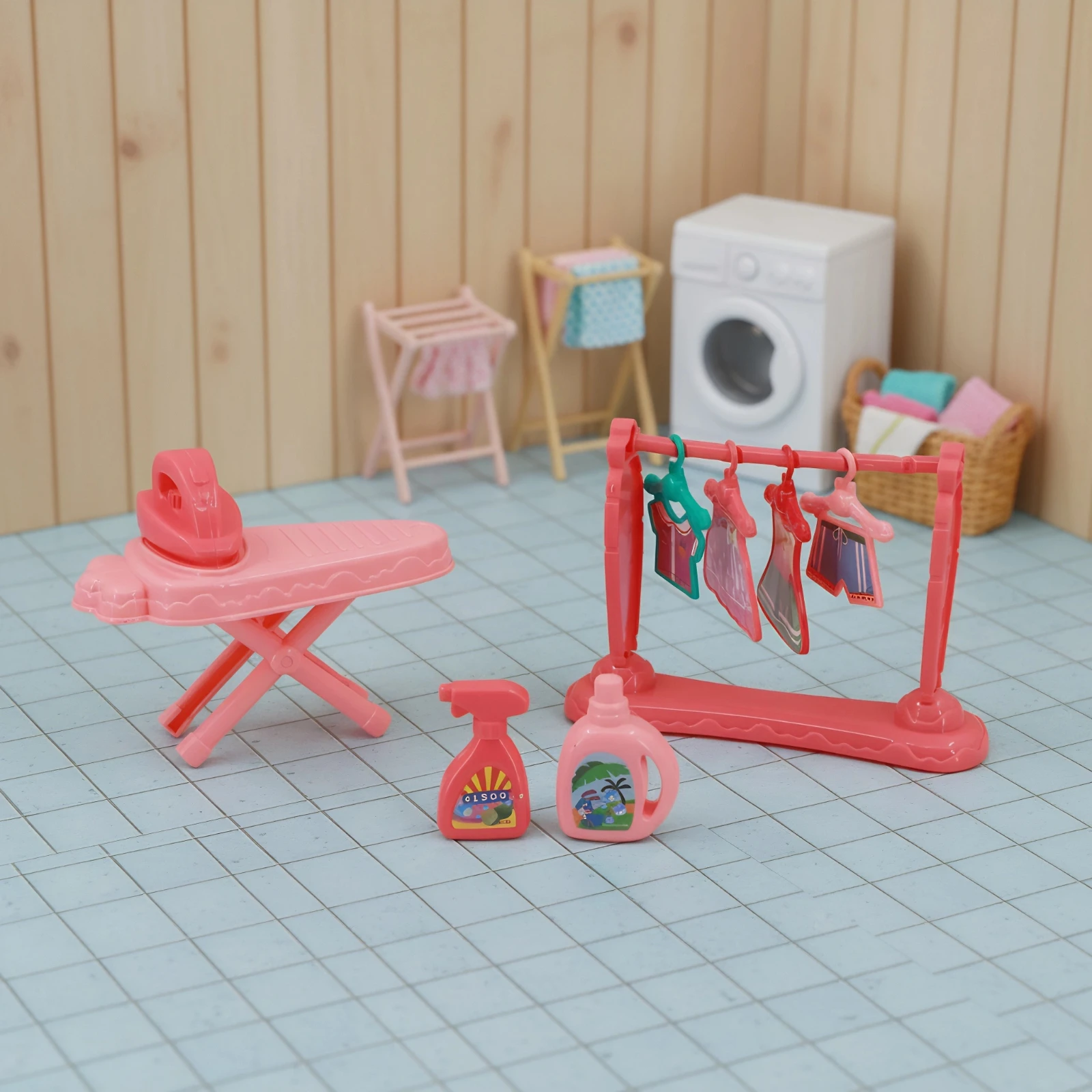 New Home Toy Mini Drying Rack Combination Laundry Detergent Washing Machine Clothes Rack Dollhouse Accessories
