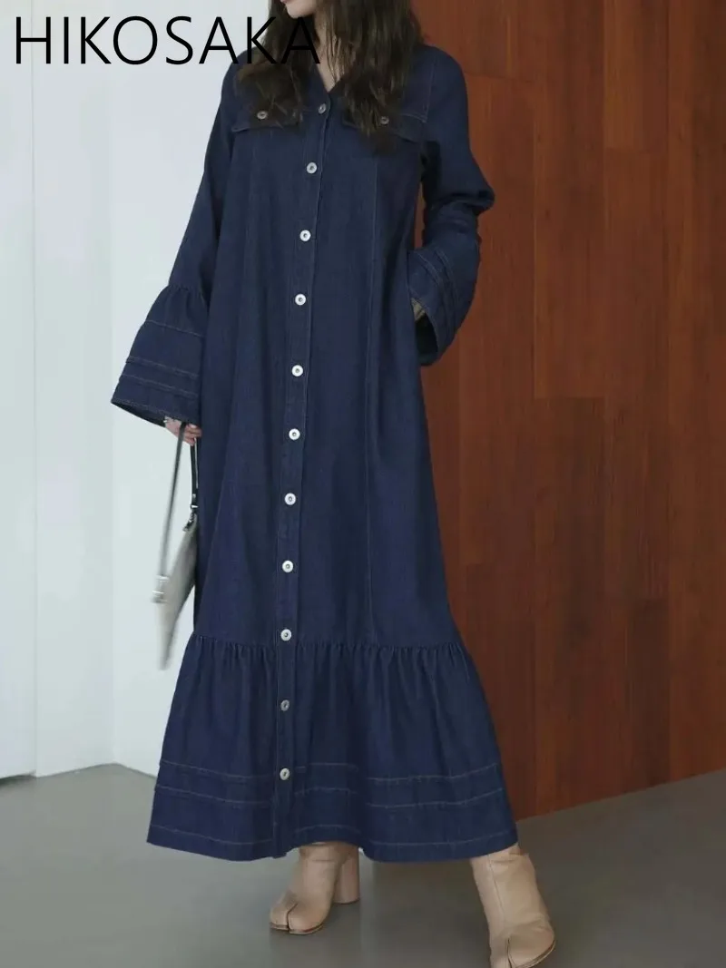 

V-neck Single Breasted Casual Denim Dress Women Patchwork Flare Sleeve Loose Robe Spring Summer Japanese High Street Vestidos