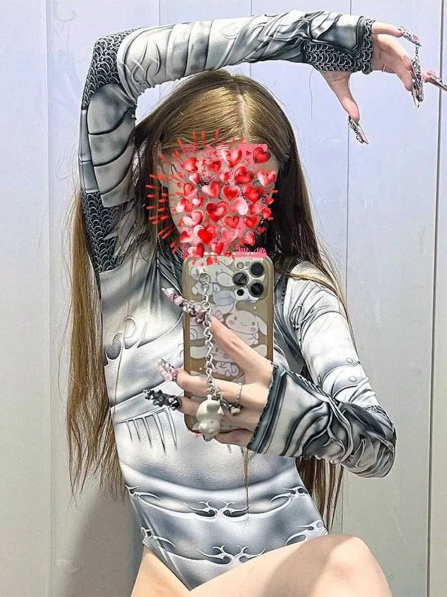 SSTss otoño nuevo cuello simulado ajustado mono de manga larga chica caliente europea Sexy mono con estampado de cuerpo mecánico