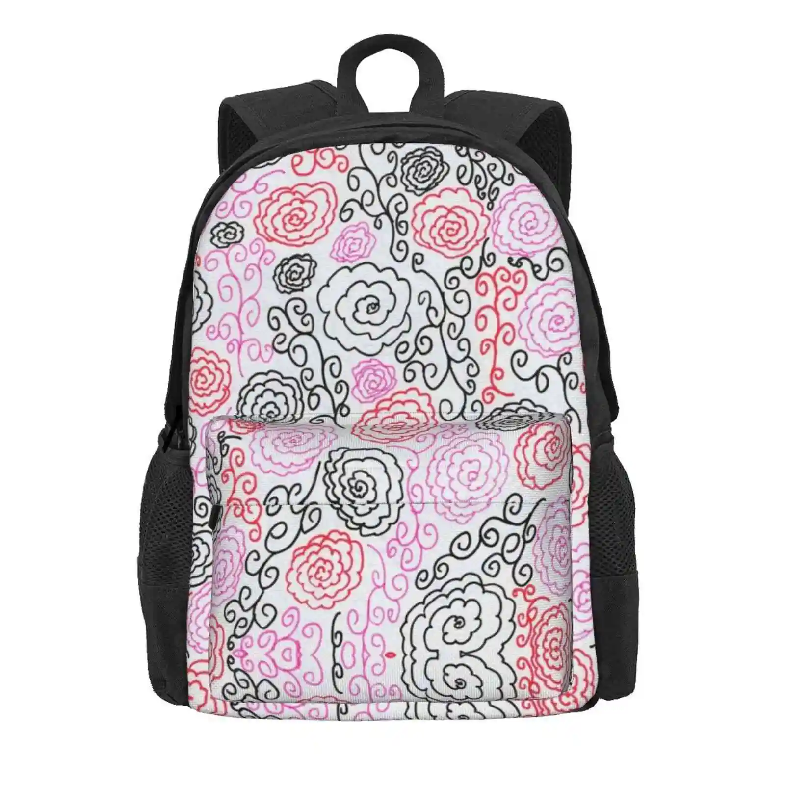 Roses- Marker Doodles Hot Sale Schoolbag Backpack Fashion Bags Roses Flowers Spirals Sketch Simple Pink Flower Red Flower Black