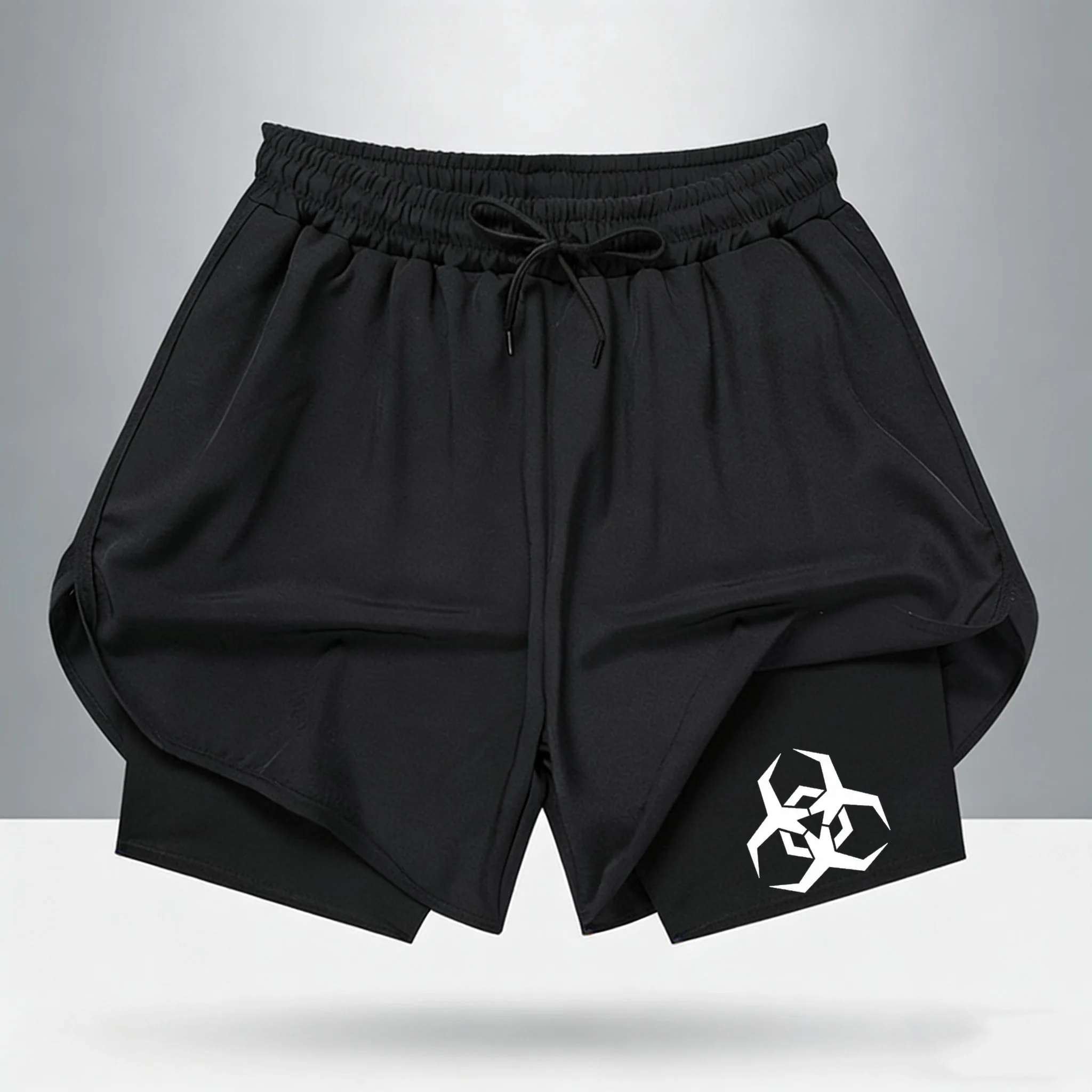 Biohazard Geometric Symbol 2 in 1 Performance Athletic Shorts Breathable Gym Workout Running Shorts with Compression Liner