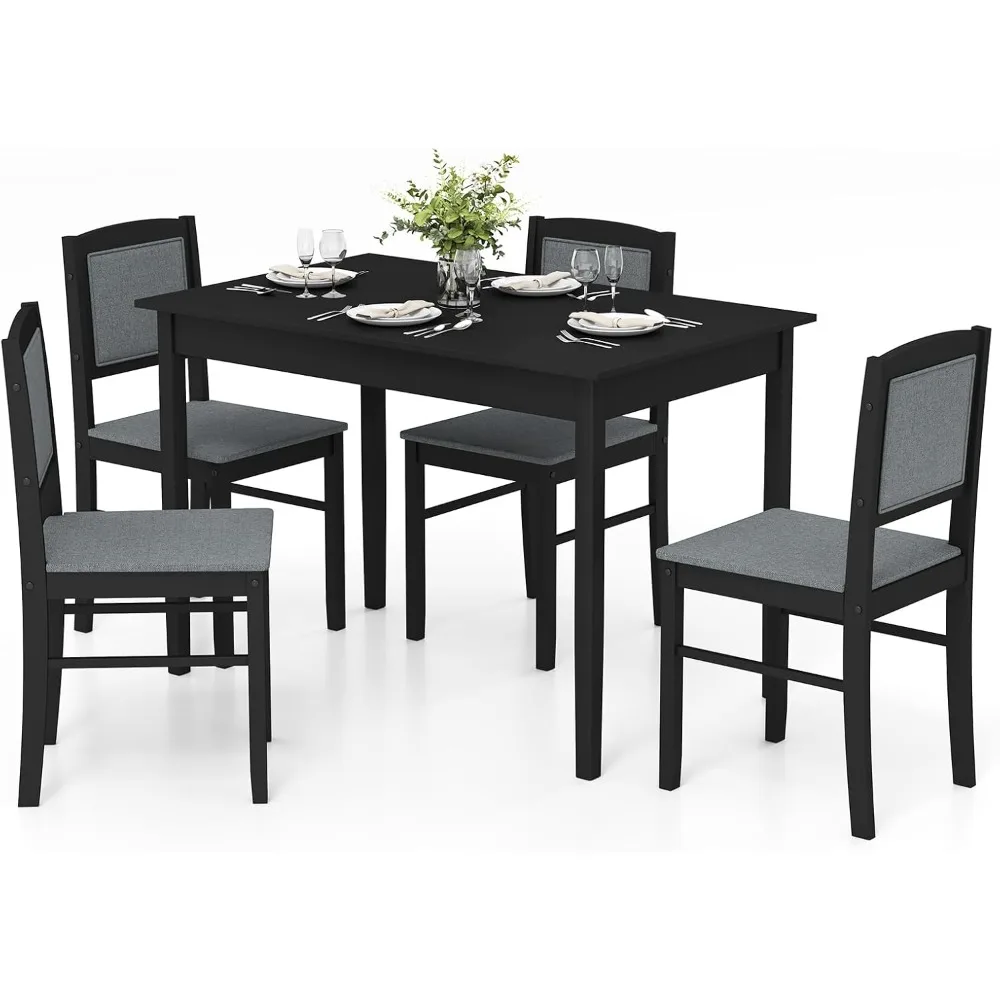 

Dining Table Set for 4, Farmhouse Solid Wood Dinette Set w/Rubber Wood Legs, Upholstered Seat & Padded Backrest, Mid-Century Mo