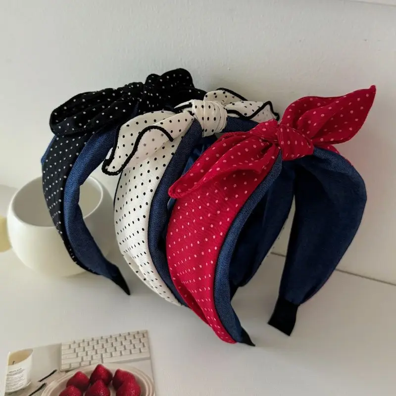 

1pc Korean new polka dot denim bow wide edge headband collision sweet headband compression hair hairpin for women