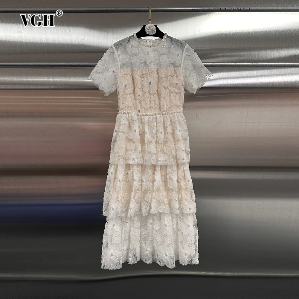 

VGH Solid Patchwork Beading Summer Mid Dress for Women O Neck Short Sleeve High Waist Spliced Tierred Elegant Dresses Female New
