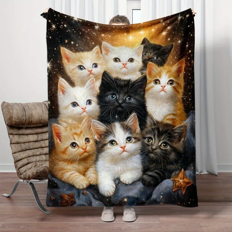1pc Whisker Wonders Cat Flannel Throw Blanket All-Season Lightweight Warm for Sofa Bed Travel Camping Living Room Digital Print