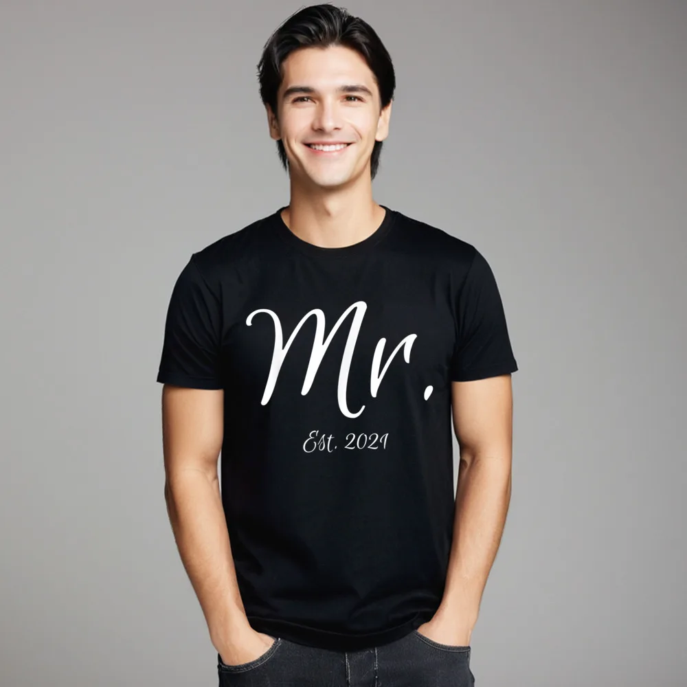 Mens Family Tees Round Collar NEW YEAR DAY Premium Cotton Tshirts Lose Short Sleeve Matching Script Mr. Mrs. Bridal T Shirt