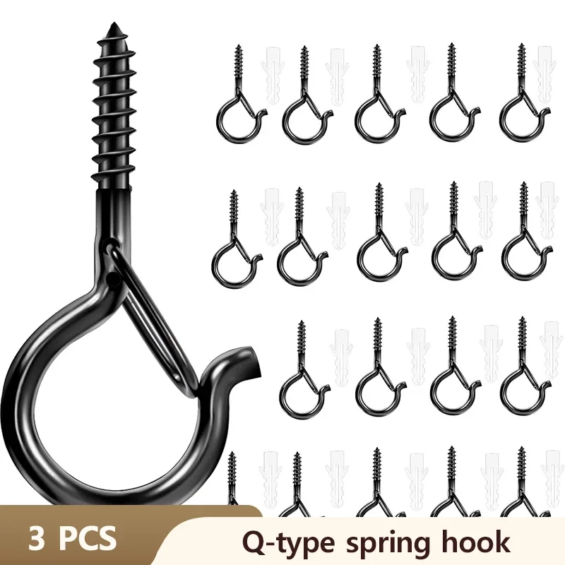 Metal Spring Hooks Black S Hooks with Safety Clasp Windproof Screws Hanging Flower Plate Light String Hooks