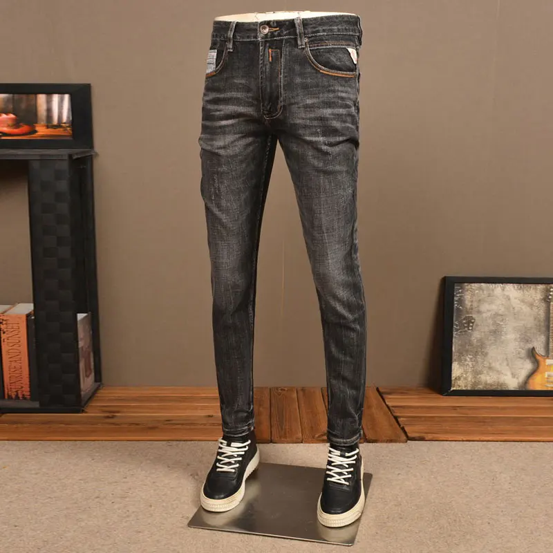 Newly Designer Fashion Men Jeans High Quality Retro Black Gray Stretch Slim Fit Ripped Jeans Men Vintage Designer Denim Pants