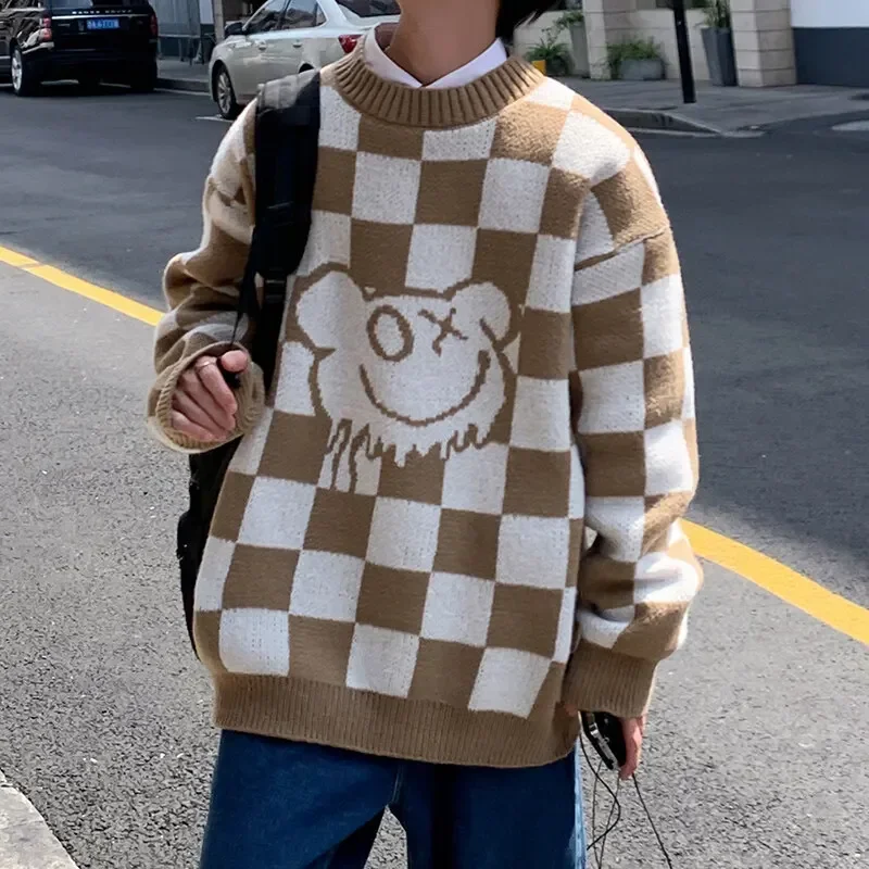 Y2k Plaid Knitted Anime Sweater Men Round Neck Autumn Lazy Style Versatile Sweater Casual Young Men Korean Cartoon Wool Sweaters