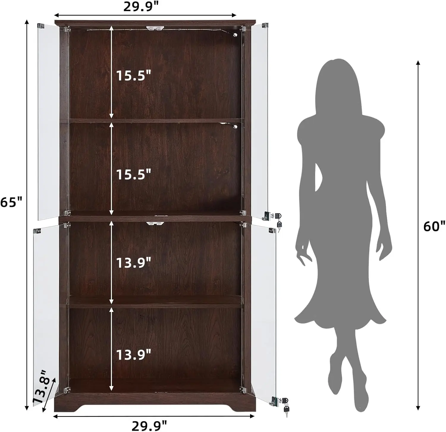 Walnut Farmhouse Glass Display Cabinet Lock Wooden Curio Cabinets 3Color MotionSensor Light Reinforced Base