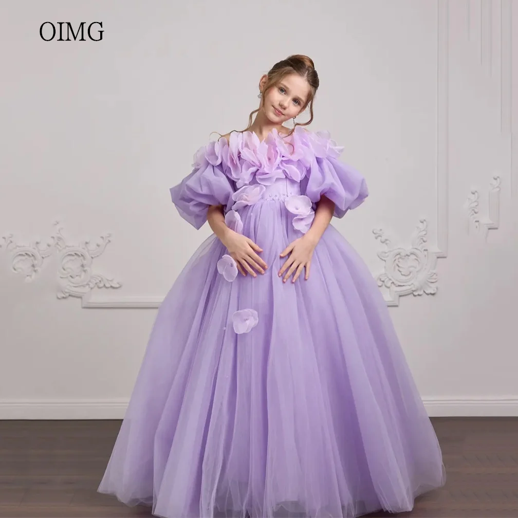 OIMG Lavender Off The Shoulder A Line Flower Girl Dresses 3D Flowers Birthday Wedding Gown Floor Length Party Dress Customized