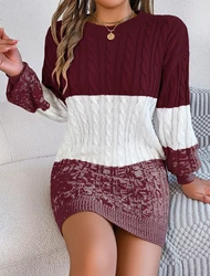 Fashionable Autumn Dress Casual Color Matching Fried Dough Twists Lantern Sleeve Wool Dress Elegant Dress for Women