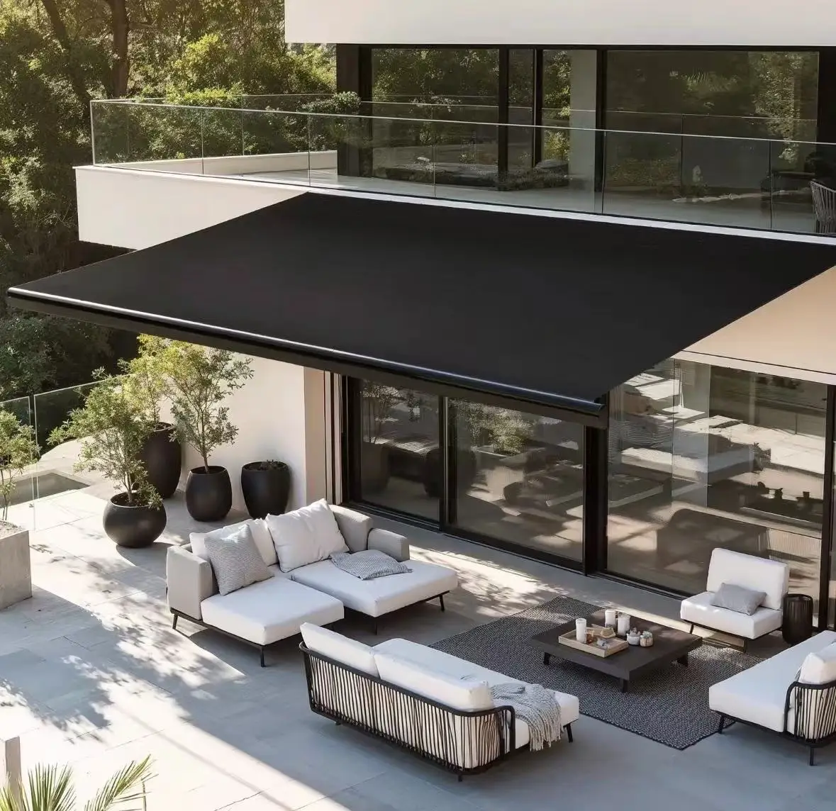 

Modern Electric Outdoor Patio Waterproof Powder Coated PVC Sail Aluminum Folding Arm Retractable Awning With Remote Control 8m