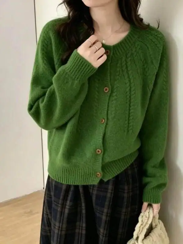 Korean Style Pumpkin Orange Knitted Sweater Coat Women's Autumn Winter Lazy Twist Flower Design Knitwear round Neck Cardigan
