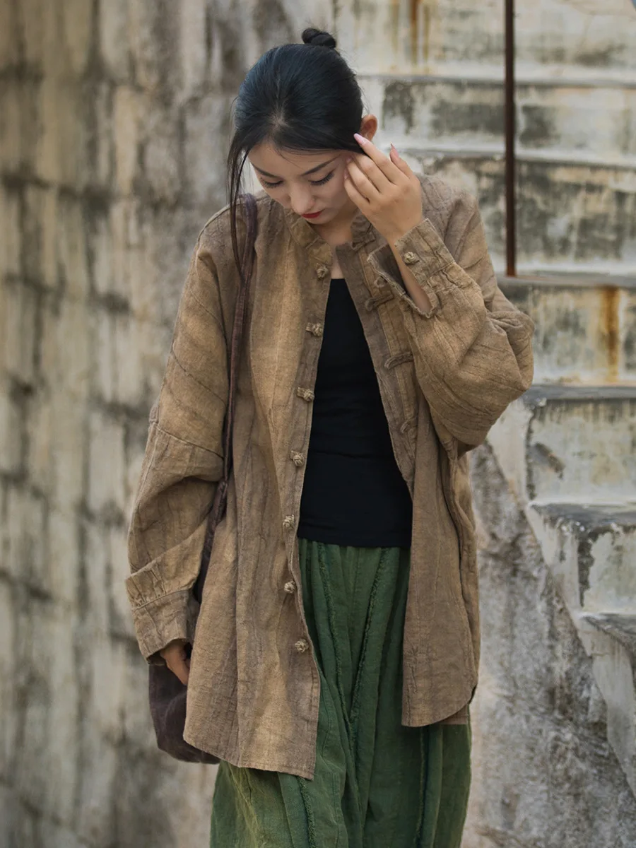 Retro Cotton Linen Zen Style Tea Costume Open Cardigan Reformed Chinese Style Outerwear with Button Design for Women
