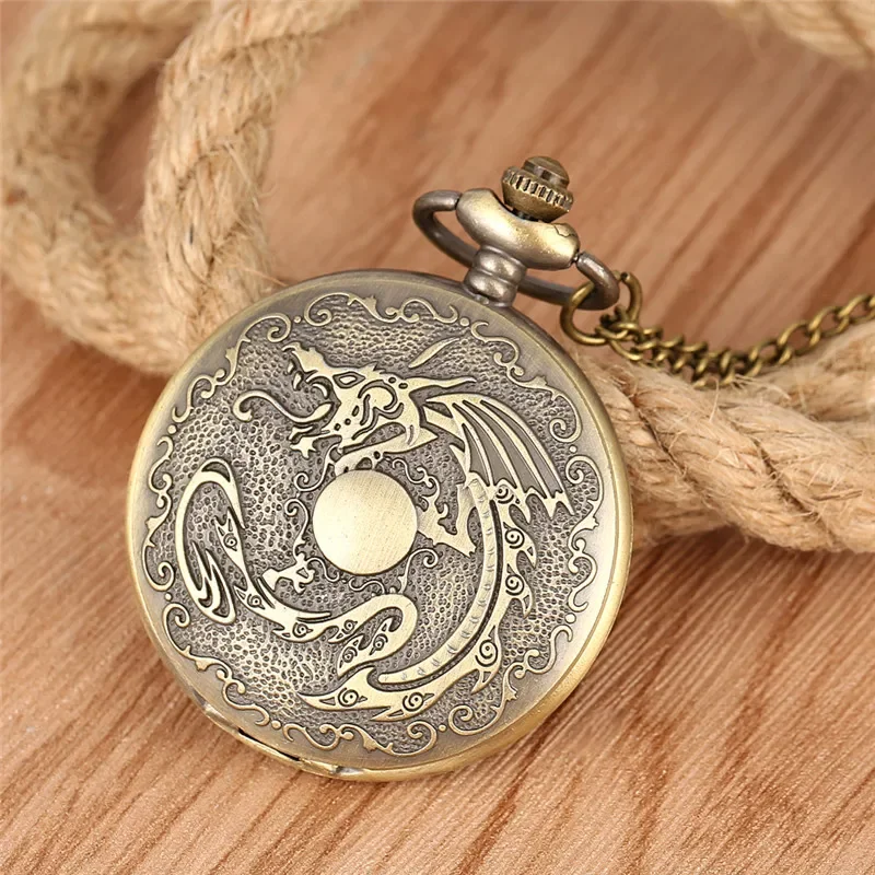 Bronze Fiery Dragon Men Women Analog Quartz Pocket Watch Arabic Number Dial Necklace Pendant Chain Gift  Reloj De Bolsillo