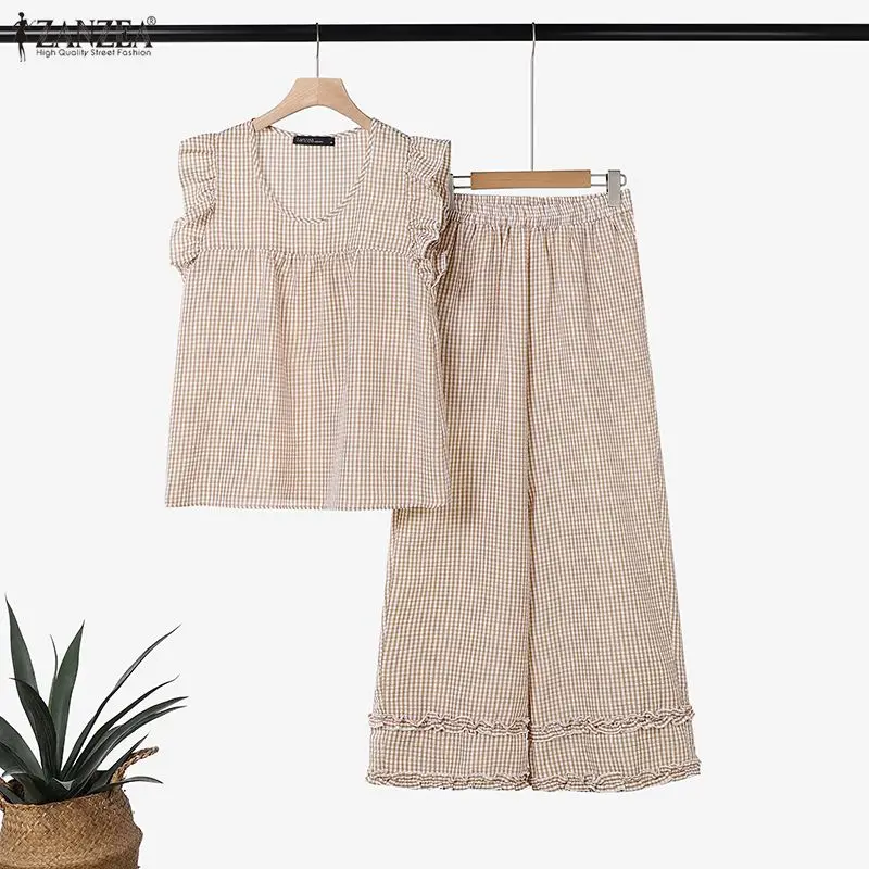 ZANZEA Sommer Damen Kariertes Hosen-Set Modisches 2-Teiliges Outfit Kurzarm Rüschen-Oberteil Weite Hose Lässig Elegant Übergroß 2-teilig