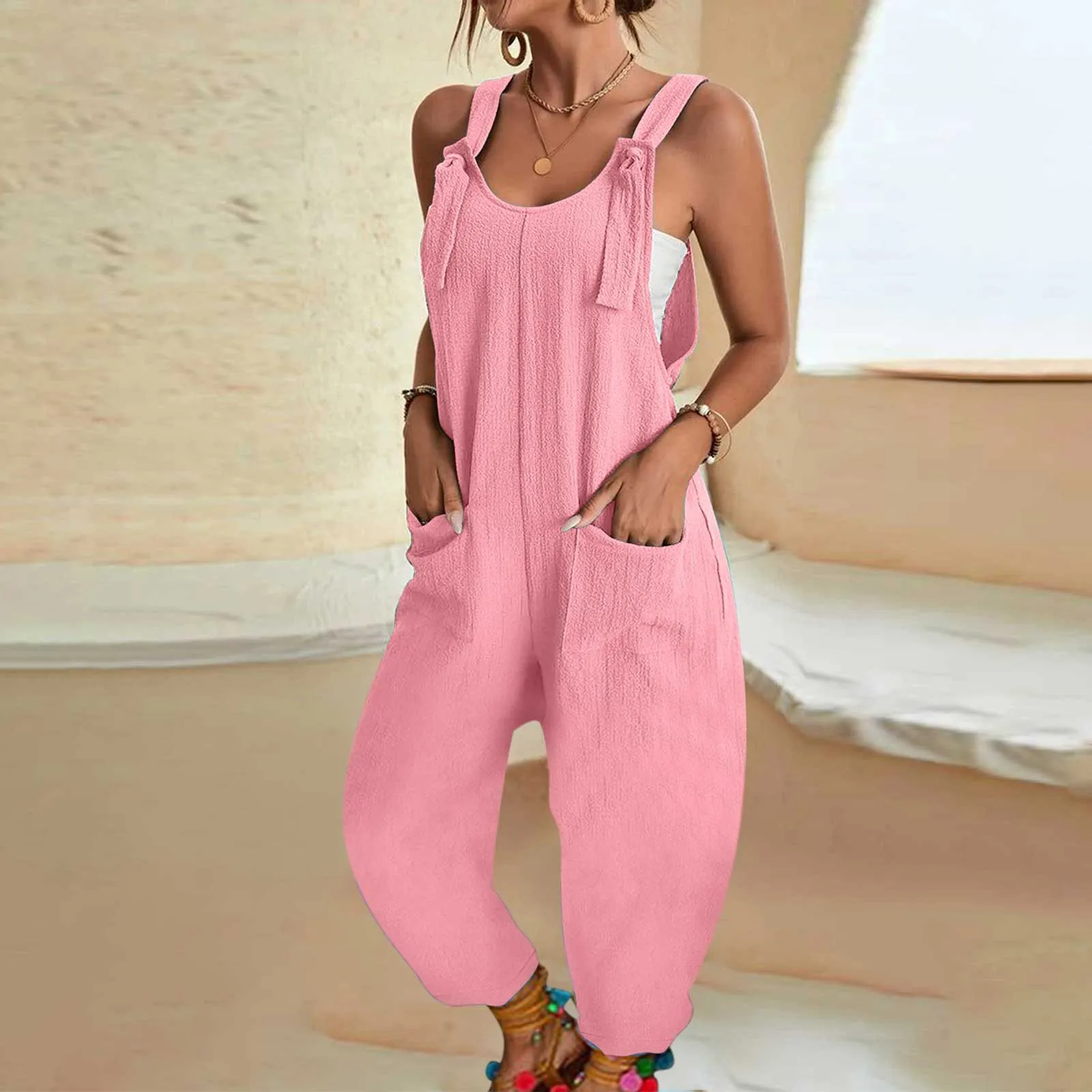 Women\'s Casual Summer Short Rompers Overalls 2024 Loose Sleeveless Tie Knot Strap Jumpsuits with Pockets Loose Casual Romper