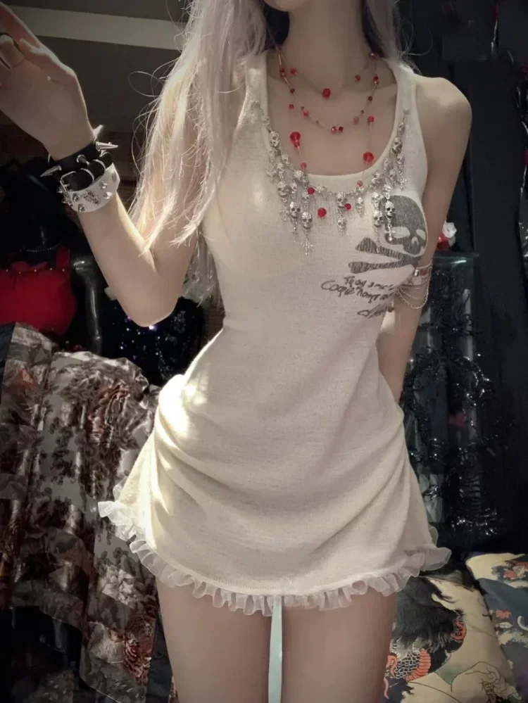 Japanese Harajuku Knitted Sleeveless Dress Hot Girl Summer Thin A-line Skull Printing Sexy Gothic Cute White Mini Dress Vestidos