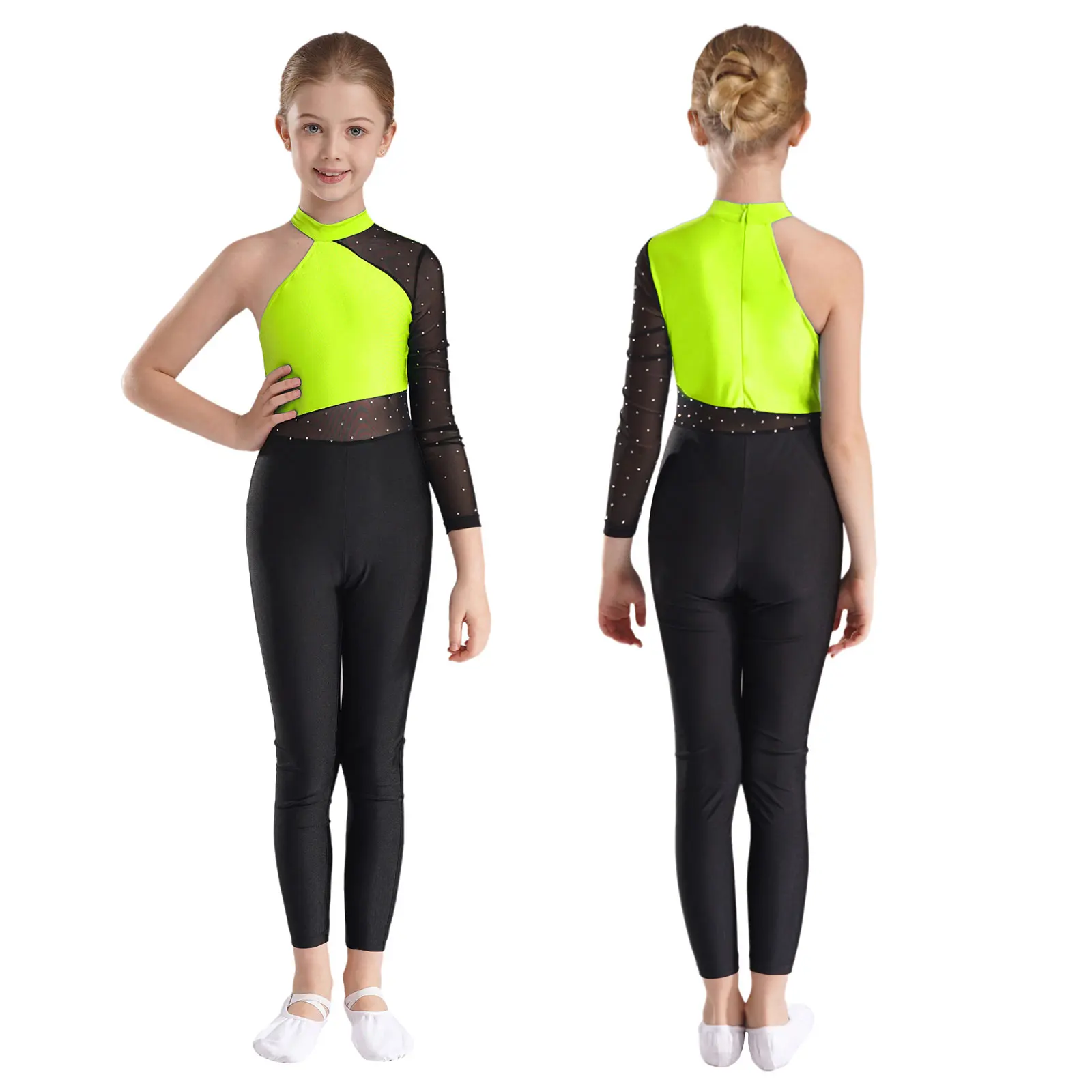 

Kids Girl One Shoulder Ballet Gymnastics Jumpsuit Rhinestones Mesh Long Sleeve Figure Skating Dance Performance Costume Bodysuit