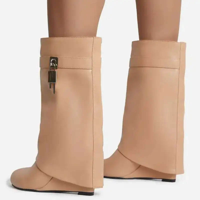 Botas hasta la rodilla con tacón de pantorrilla ancha y hebilla de Metal para mujer, zapatos de cuña para mujer, botas de vaquero con cremallera de