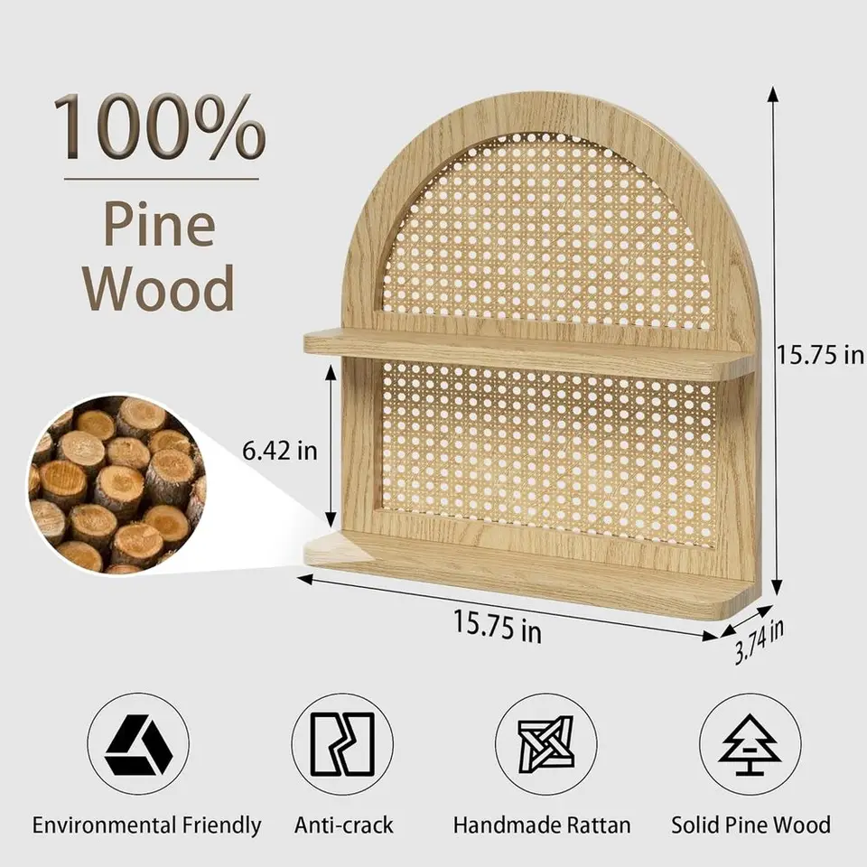 Natural Wood Rattan 2-Tier Floating Shelf