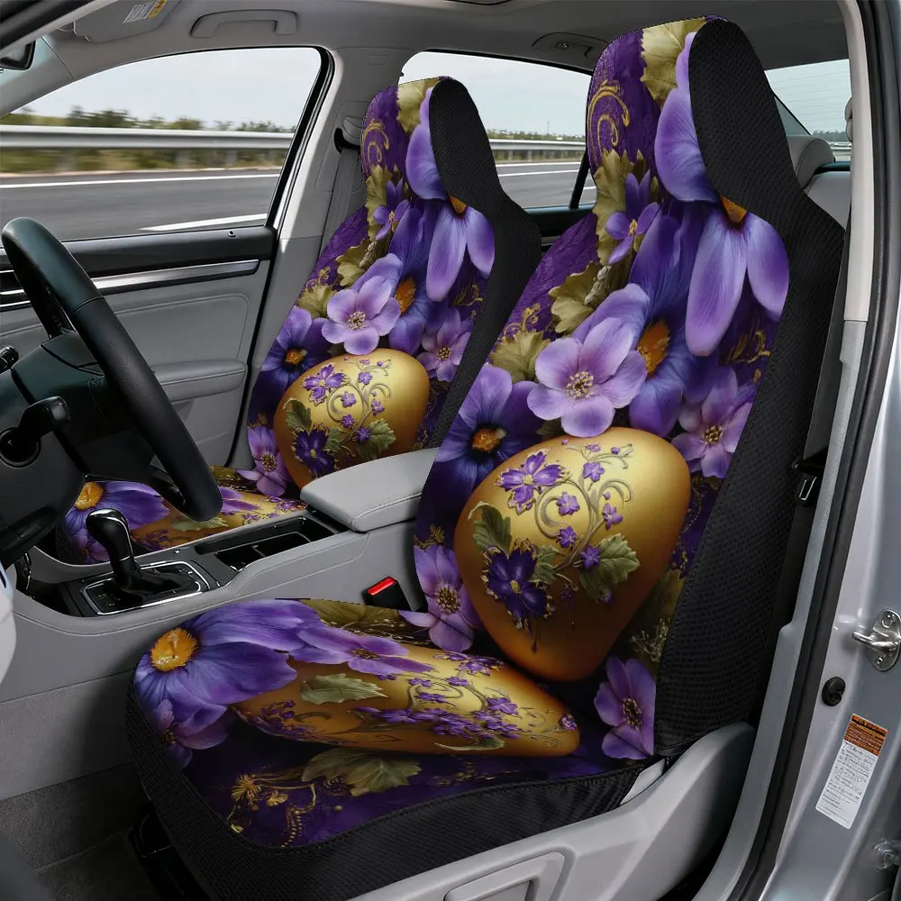 Set Of 2, Stylish Easter Golden Egg Front Seat Covers Featuring Floral Design, Perfect Gift For Car Owners, Easy To Take Off And