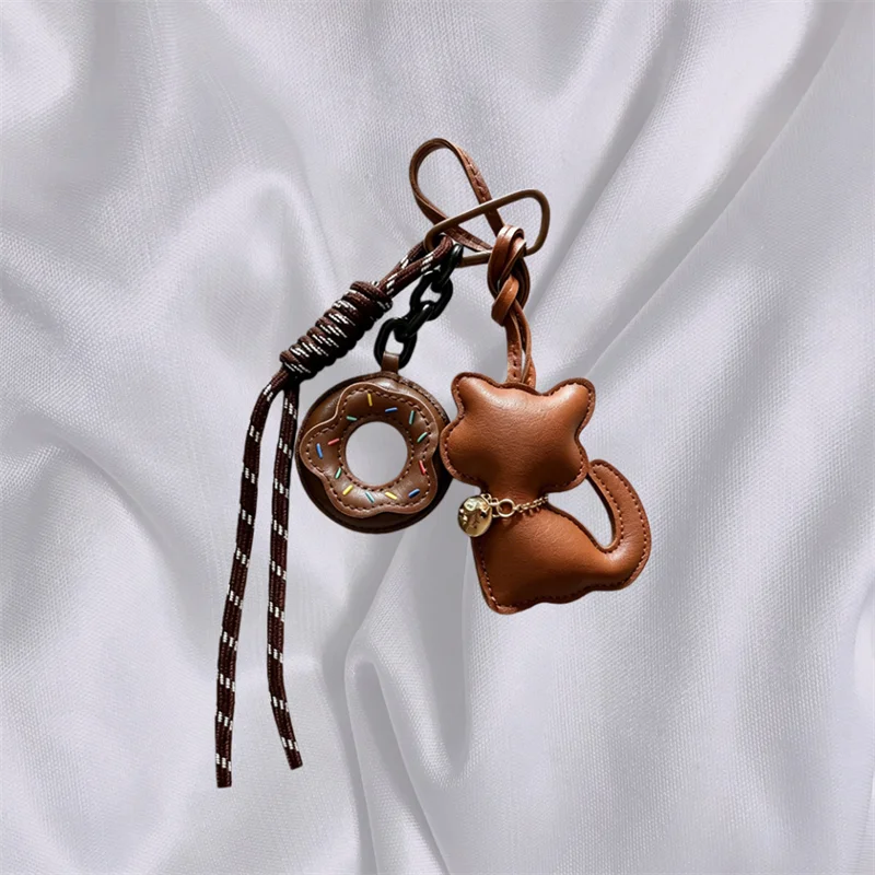 Cute Leather Cat Bag Charm Kawaii Donuts Keychain with Aesthetic Backpack Pendant Gift for Cat Lovers Women Girls