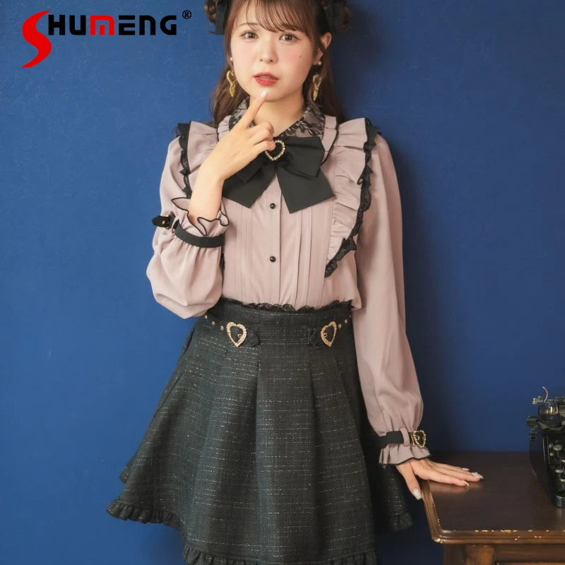 

Lolita Clothing Japan Style Sweet Bow Love Cuff with Strap Blouse Female 2024 Autumn New Cute Girls Long Sleeve Bottoming Shirt