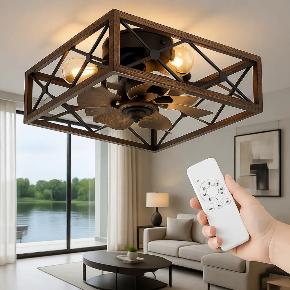 

Потолочный вентилятор Caged Flush Mount с пультом ДУ, черно-золотой, квадратный, низкопрофильный, 6 скоростей, реверсивный, для помещений